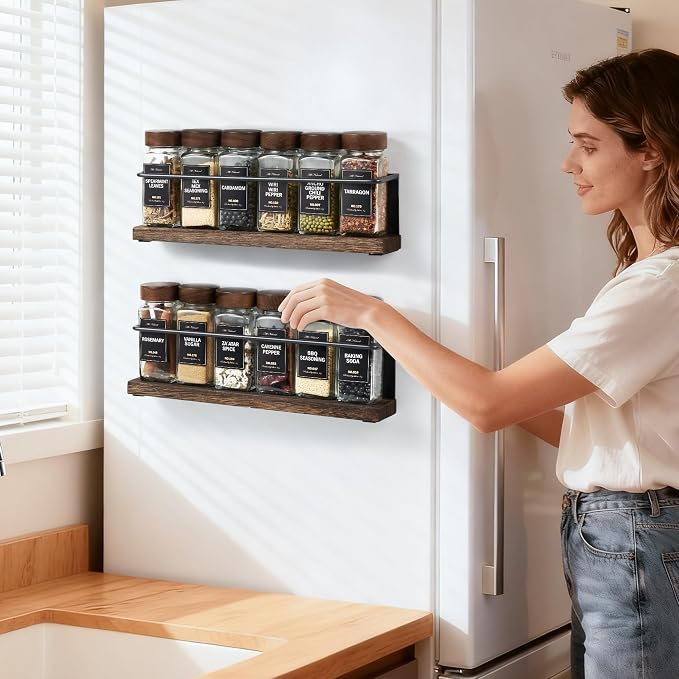 Wooden Lid Magnetic Spice Rack with 12 Jars, 216 Labels, 1 Steel Funnel for Refrigerator，Microwave Oven - Full Set of Spice Organizer