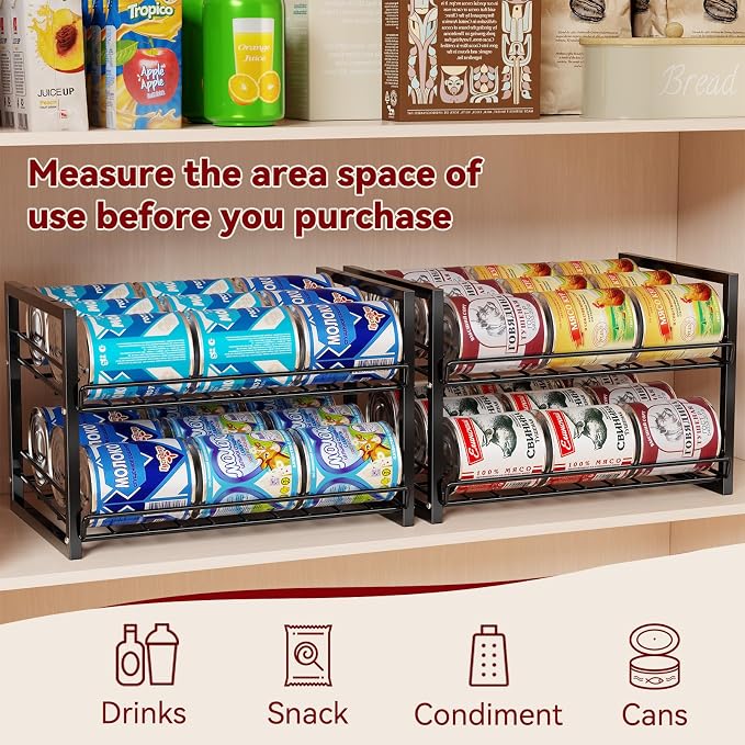 2-Tier Stackable Can Organizer 2 Pack, Pantry Can Dispenser Holds Up to 48 Cans, Metal Wire Basket for Canned Food Soda Drinks, Black