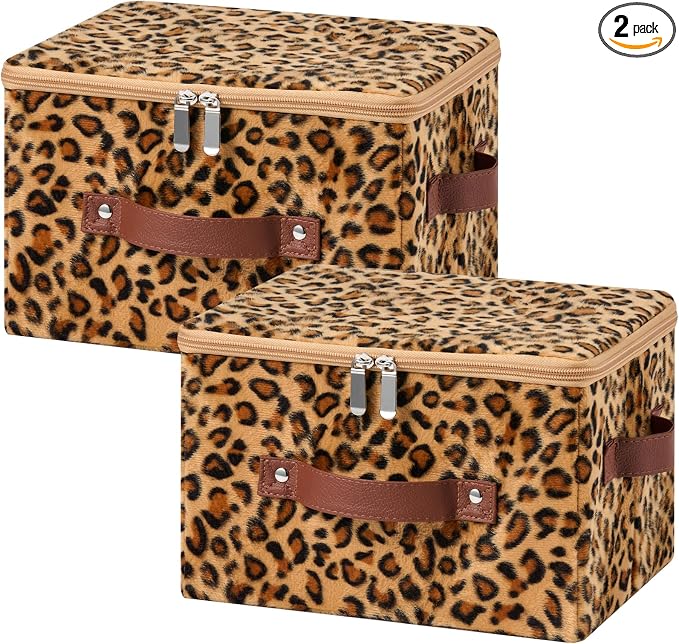 2PCS Storage Bins Boxes with Zipper Lid Leopard Print Cute Velvet Fabric Basket PU Leather Handles PP Plastic Board Foldable Washable Lidded Closet Shelf Organizer Container (Small Size)