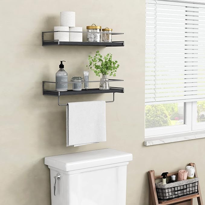 Forbena Black Floating Shelves for Bathroom Wall Set of 2, Kitchen Spice Rack Wall Mount, Modern Wood Hanging Wall Shelves for Bedroom Organizer, Restroom Pantry Closet Storage (Grey-Black)