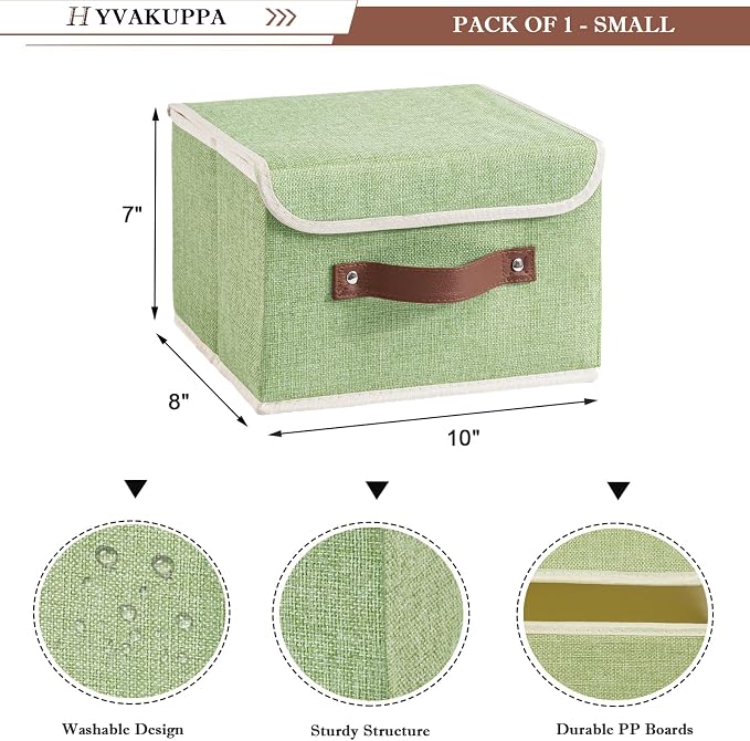 Collapsible Storage Boxes Baskets with Lid Cotton Linen Fabric Storage Bins with Faux Leather Handles Decorative Washable Cube Organizer Container for Home Closet Bedroom (Green, Small Size)