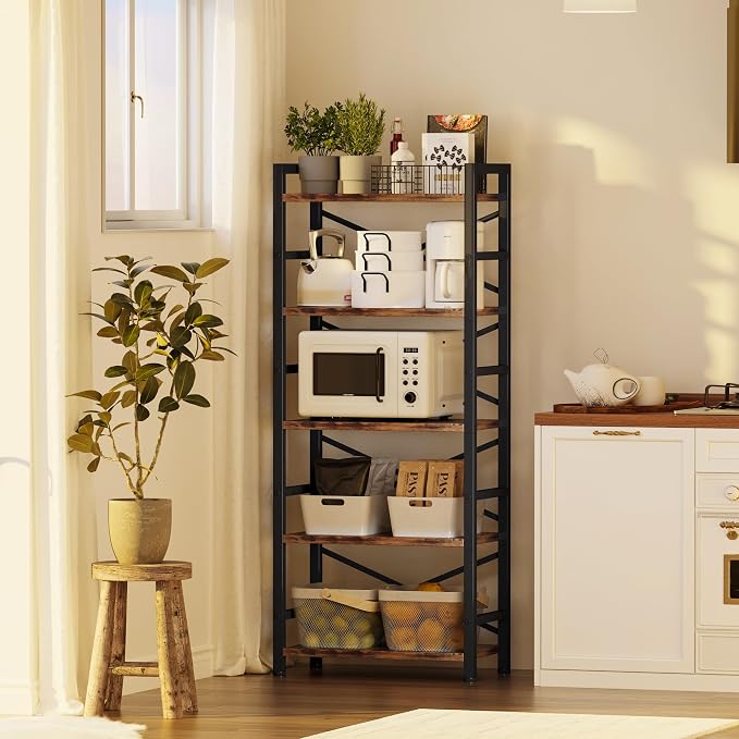 Organization and Storage, 5 Tier Bookshelf, Tall Bookcase with Shelves, Wood and Metal Book Shelf Storage Organizer, Industrial Display Standing Shelf Unit for Bedroom, Living Room, Rustic Brown