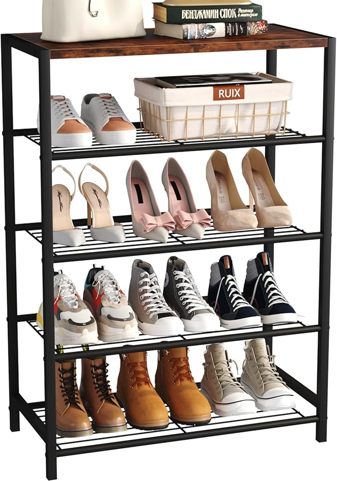 Yusong Shoe Rack Organizer, 5 Tier Industrial Shoe Storage Shelf, Narrow Sturdy Metal Shoe Shelves for Closet Entryway, Rustic Brown