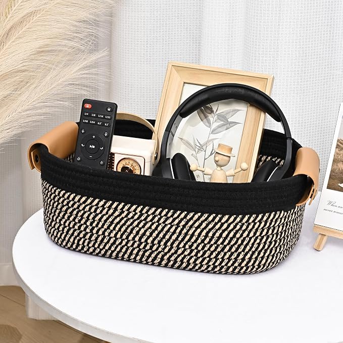 Storage Baskets for Organizing, Small Woven Basket Set of 6-4 Shelf Basket with Leather Handle and 2 Small Gift Baskets, Cotton Rope Basket for Shelves, Nursery, Dog Toy, Bathroom