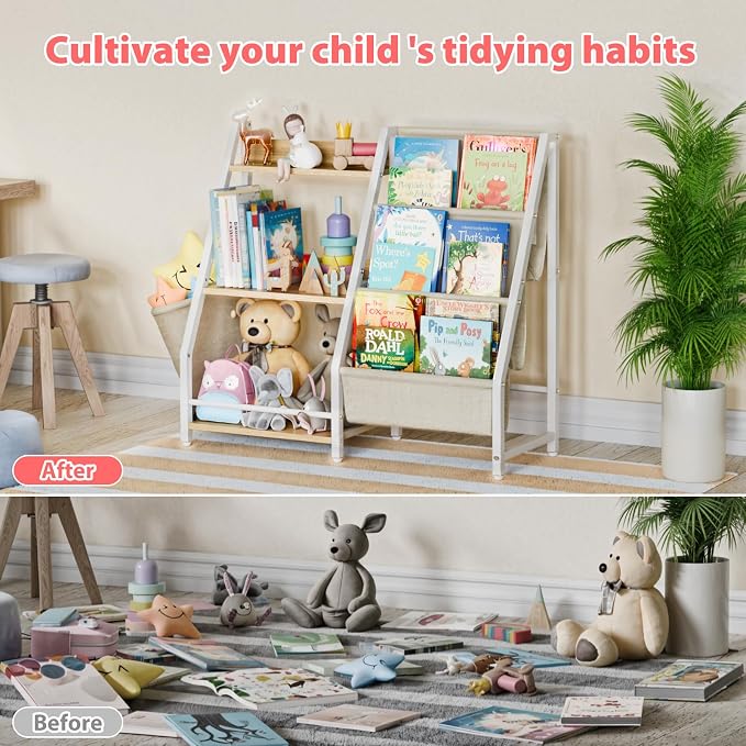LATIBELL 3 Tier Kids Bookshelf and Toy Storage, Kids Bookcase Book Sling Shelf, Montessori Baby Toddler Bookshelf, Toy Storage Organizer, for Playroom, Bedroom, Nursery (Burlywood)