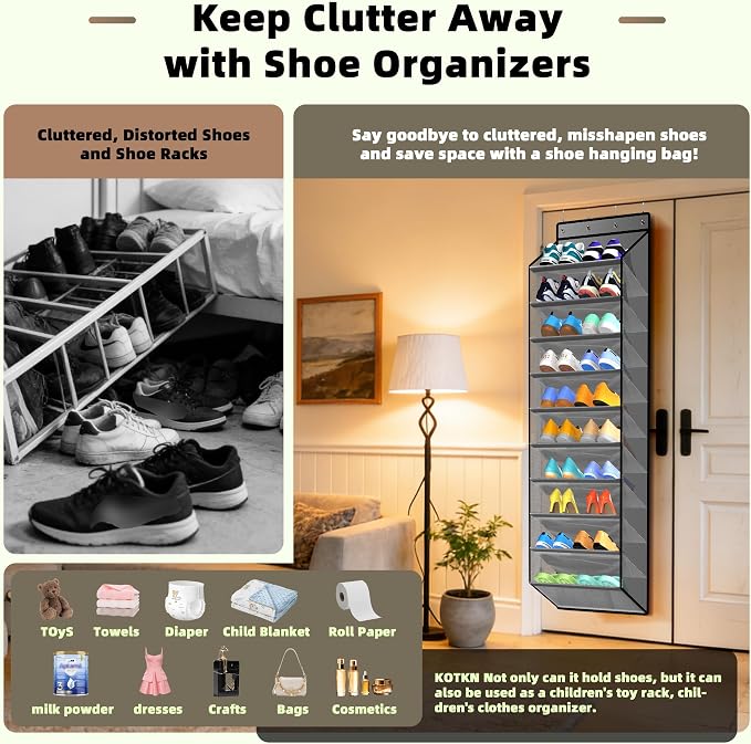 PAULONE 10-Pocket Multi-Use Over the Door Organizer, Heavy Duty 95lbs Capacity with Breathable Mesh, Versatile Hanging Storage for Shoes, Toys, Office Supplies-Classic (Slate Grey, 10-Shelf,)