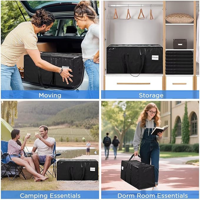 BETU 8 Pack Moving Bags Moving Storage College Dorm Camping Packing Travel PE Heavy Duty, Sturdy Handle, Zipper Large Storage Tote Bag Moving Boxes Box Alternative - Black 29L x 14W x 13H