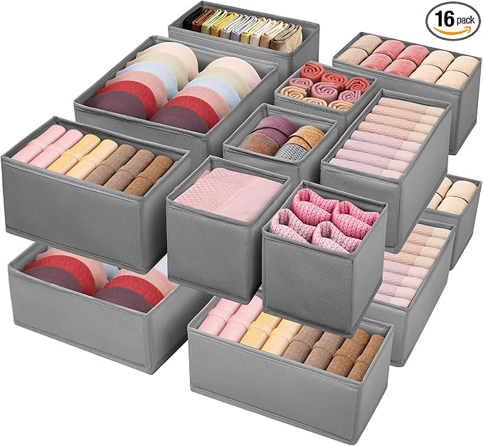 Drawer Clothing Organizer 16-Pack, Grey 3 Sizes Underwear Drawer Dividers, Fabric Folding Wardrobe Organizer, Can Store Baby Clothes, Bras, Underwear, Panties, Belts, Socks, Ties