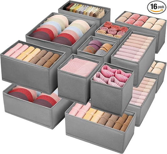Drawer Clothing Organizer 16-Pack, Grey 3 Sizes Underwear Drawer Dividers, Fabric Folding Wardrobe Organizer, Can Store Baby Clothes, Bras, Underwear, Panties, Belts, Socks, Ties