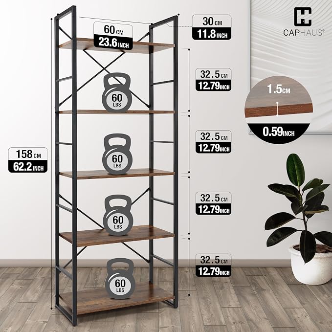 CAPHAUS 5 Tier Bookshelf, 24 Inch Width Free Standing Shelf, Bookcase Shelf Storage Organizer, Industrial Book Shelves for Home Office, Living Room, Kitchen, Rustic Oak