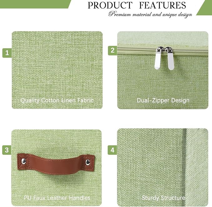 3 Pack Storage Bins with Zipper Lid Fabric Lidded Storage Boxes Baskets Cubes Washable Collapsible PU Leather Handle Cotton Linen Fabric Shelf Closet Organizer Container(Green, Small Size)