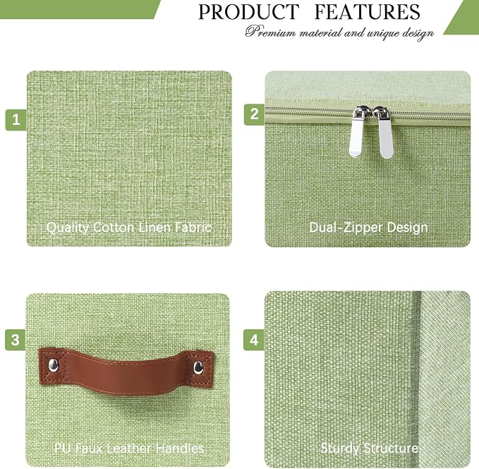 Storage Bins with Zipper Lid Foldable Fabric Lidded Storage Boxes Baskets Cubes Washable Collapsible PU Leather Handle Cotton Linen Fabric Shelf Closet Organizer Container(Green, Small Size)