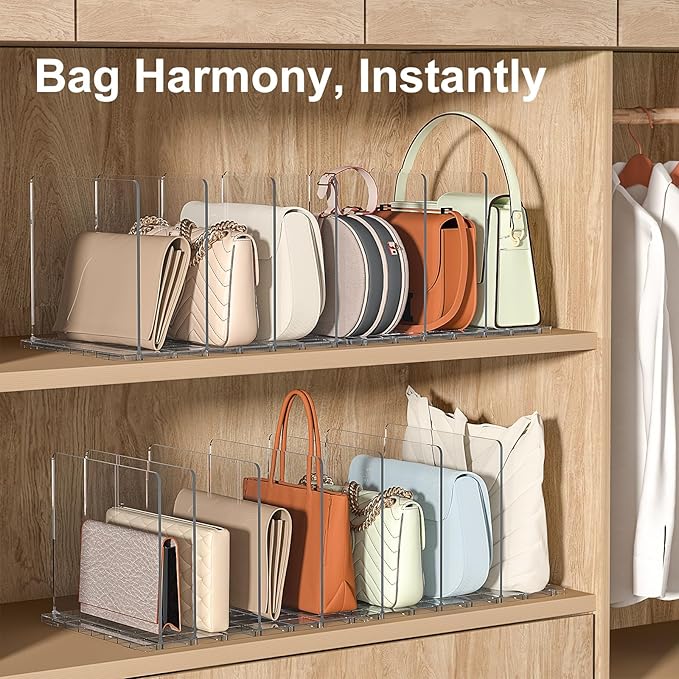 SortNStore Bag & Purse Organizer for Closet: Adjustable Clear Handbag Storage Shelf - Plastic Clutch Dividers for Closet Organizers and Storage - Keep Carteras & Pocketbook Upright