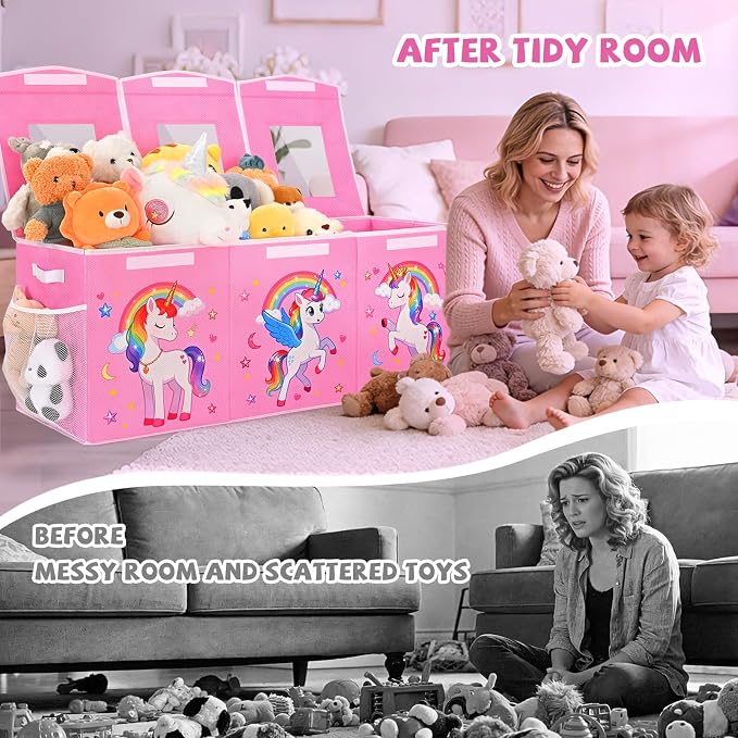 Livole 145L Toy Box, Collapsible Kids Toy Chest Bins with Lids Sturdy Large Toy Storage Organizer Boxes for Girls Nursery Room Playroom Closet, 40"X16"X14", Pink