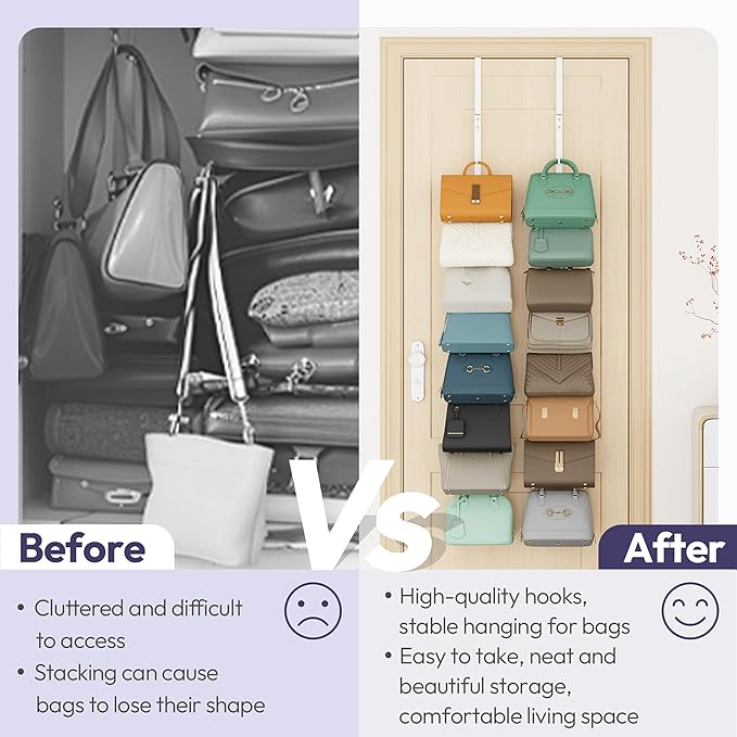 SWTYMIKI Over the Door Purse Organizer - 2 Packs Wall Mounted Purse Rack with 8 Hooks Design, Hanging Handbag Organizer Storage Holds up to 16 Bags, Bag Rack for Closet, Door (White)