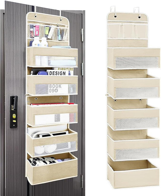 Easy Assembly Over The Door Organizer, 6 Shelves&10 Side Pockets, Heavy-Duty Reinforced Mesh Rack Holds 44lb, Hanging Behind Door Storage for Bathroom Pantry, Nursery, Closet, Shoes,Towels-Ivory White
