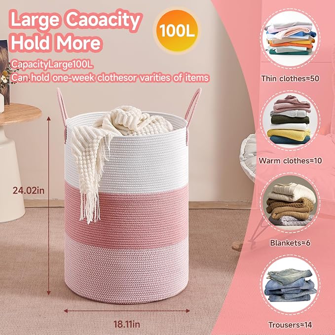 CLHMILY&Z 100L Laundry Basket Round Storage Rope Basket - 18.1x24 Inches - Pink Hamper in Bedreoom and Cute Storage Bin for Blankets, Toys, and Nursery Essentials
