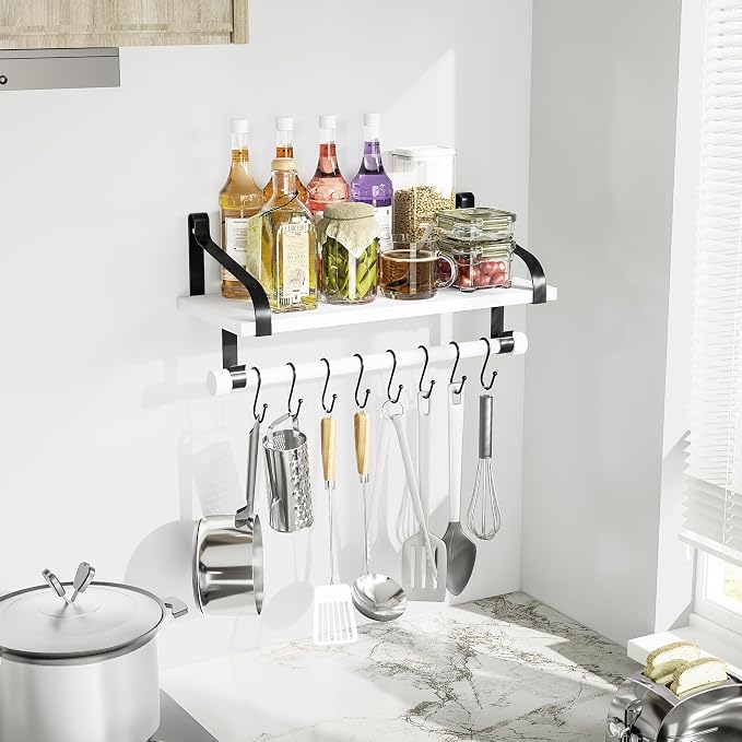 Love-KANKEI 17.3" Floating Wall Shelf Solid Wood/Bracket,Coffee Bar,White | Spice Rack,Towel Bar/8 Hooks,40 Lbs/shelf,Easy to Install,For Kitchen,Bathroom,Living Room,Bedroom,Office,Entryway Display