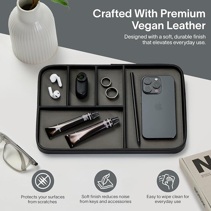 Nordik Leather Valet Tray - Pebble Black - 11.8x7.9 Inch Large Vegan Leather Tray - Stylish Nightstand Organizer for Men - Modern Bedside Caddy - EDC Catchall for Key Watch Wallet Jewellery