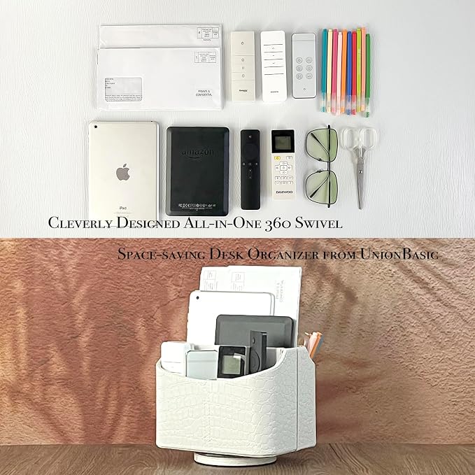 UnionBasic Rotating Desk Organizer, 360 Desk Spinning Caddy, Desktop TV Guide/Mail/Media/Remote Controller Holder Organizer, Crocodile White