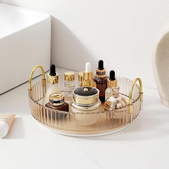 360 Rotating Makeup Organizer for Vanity, Skincare Perfume Organizers and Storage for Bathroom Countertop, Clear Counter Make Up Cosmetics Lipstick Spinning Holder for Dresser,1 Tier,Gold