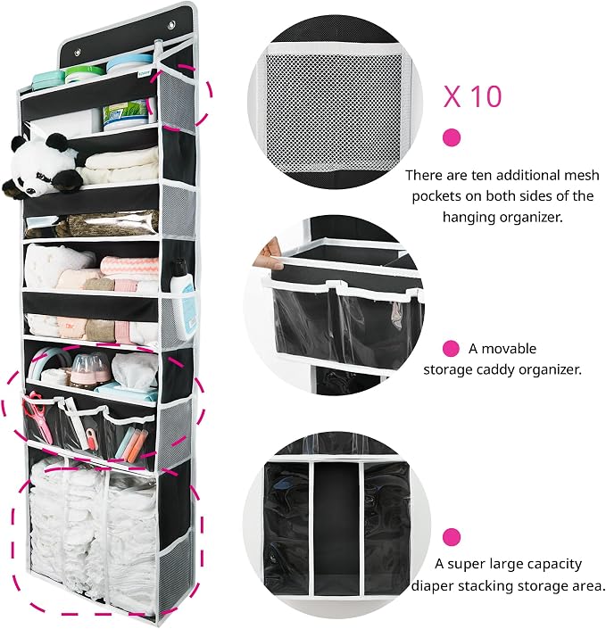 Door Hanging Storage Organizer,with 3 Bins 1 Movable Baby Diaper Caddy,1 Large capacity diaper stacking storage Organizer,10 Side Pockets ,Bedroom Door Storage for Nursery Baby Essentials. (Dark grey)