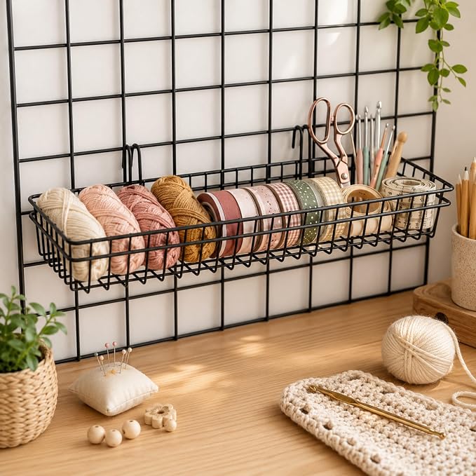 ANZOME Grid Wall Baskets, 4 Pack Black Wire Mesh with Hooks | Hanging storage bins for craft room, retail, office & pantry, built-in mounting clips, display shelf organizer, sturdy quad