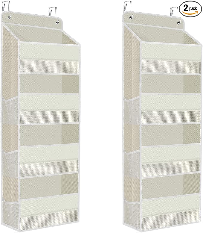 SpaceHacks 2 Pack Over The Door Organizer, Hanging Storage Organizer with Clear Window, 40lb Ultra Sturdy Large Capacity Room Organizer for Pantry Laundry Bathroom Nursery Closet (Beige)