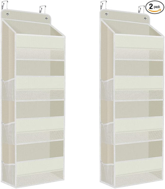 SpaceHacks 2 Pack Over The Door Organizer, Hanging Storage Organizer with Clear Window, 40lb Ultra Sturdy Large Capacity Room Organizer for Pantry Laundry Bathroom Nursery Closet (Beige)