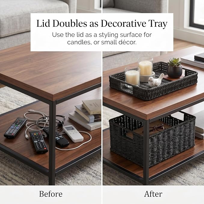 Wicker Storage Basket with Lid - Woven Basket for Storage,Rectangular Decorative Boxes Bins with Lids for Shelves,living room, Nursery, 2 baskets+1 lid(Black)