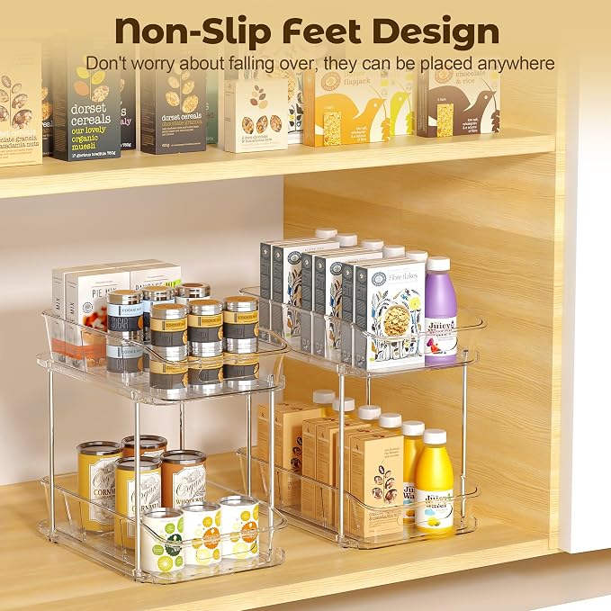 Incostar 2 Tier Pull-Out Organizer for Bathroom Kitchen, Under Sink Storage with Dividers, Ideal for Cabinet, Cupboard Organization, Slide-Out Clear Storage, 2 Pack