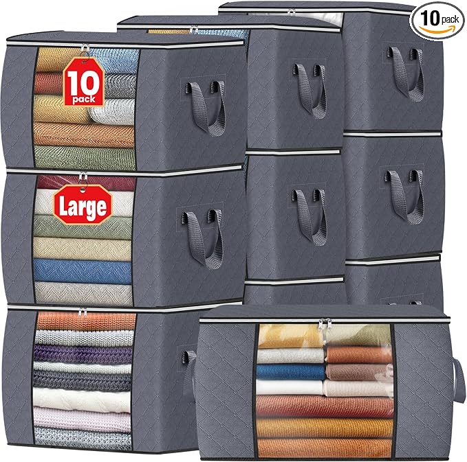 Fab totes 24 Gallons Clothes Storage, Foldable Thick Fabric Blanket Storage Bags, Containers for Organizing Bedroom, Closet, Clothing, Comforter, Organization with Handle (10 Pack,Grey)