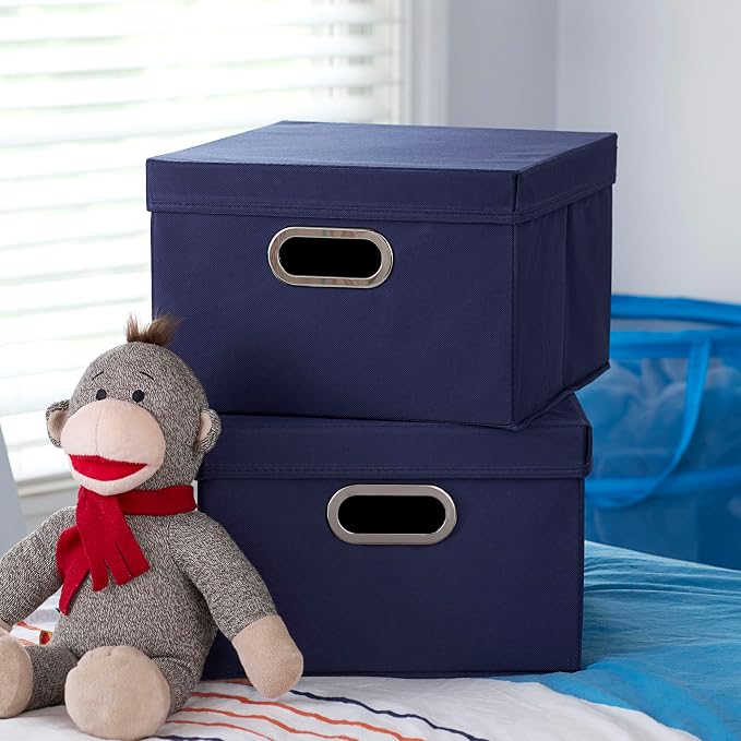 Household Essentials Fabric Storage Boxes with Lids and Handles, Blue (Pack of 8)