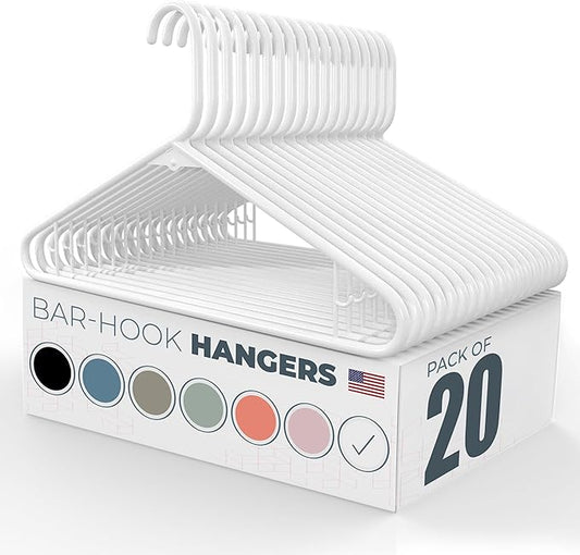 Plastic Hangers 20 Pack – Made in The USA – 6lb Capacity Standard Clothes Hangers with Strap Hooks for Dresses, Lingerie, Shirts, Pants, and Jackets – White