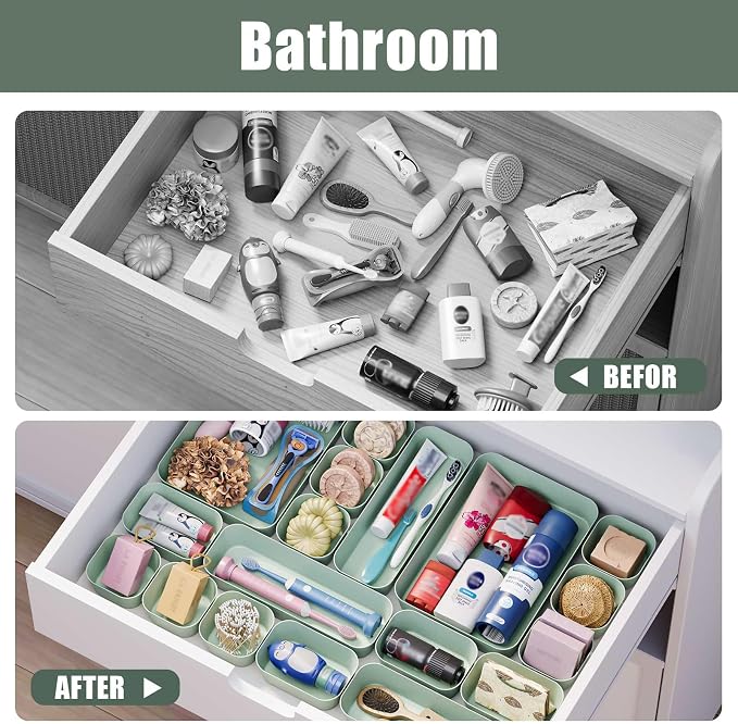Drawer Organizers Bins 28 PCS for Bathroom Makeup Desk Office | with Non-slip Pads, 4 Sizes, Plastic Tray, Vanity Organizer, Kitchen Utensils Organizer