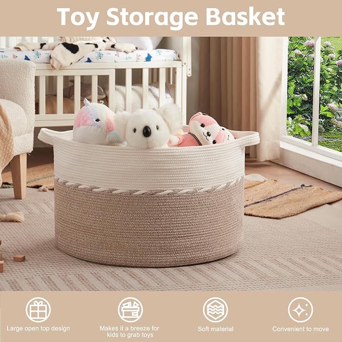 OIAHOMY 125L Extra Large Blanket Basket, 25" x 16", Jumbo Laundry Hamper, Cotton Rope Basket with Handles for Living Room,Baby Toy Storage Bins, Brown