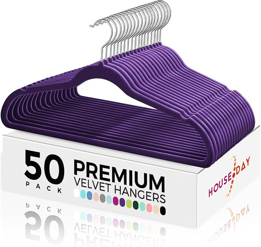 HOUSE DAY Premium Velvet Hangers 50 Pack, Non-Slip Flocked Felt Hangers, Sturdy Clothes Hanger with 360° Rotatable Hook, Heavy Duty Durable Slim Coat Hanger for Closet Space Saving (Noble-Purple)