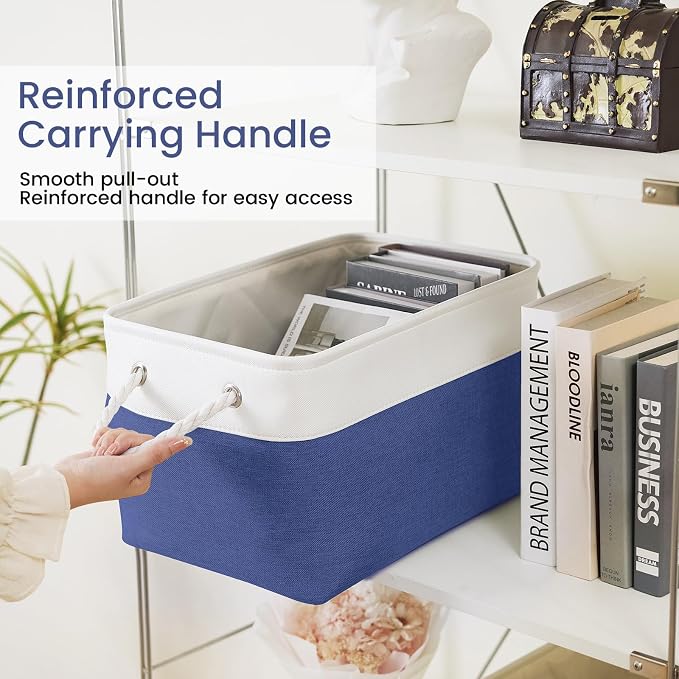 Large Storage Baskets- 15x11x10 inch Storage Bins for Shelves and Closet Organizing, Foldable Fabric Bin for Home Organization Clothes and Laundry (1-Pack, White&Blue)