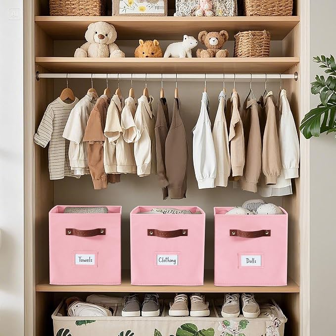 DECOMOMO Storage Bins, Cube Storage Bin with Labels | 10.5" x 11" Fabric Storage Cubes for Shelves (6pcs, Pink)