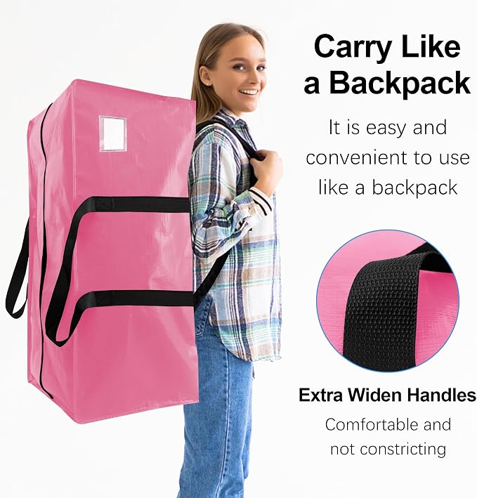 VELVETSURE 6 Pack Heavy Duty Large Moving Bags W/Backpack Straps - Strong Handles & Zippers, Storage Totes For Space Saving, Fold Flat, Alternative to Moving Box and Storage Bin, Pink