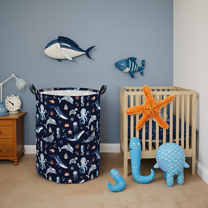 Ocean Baby Laundry Basket Baby Hamper for Nursery Girl Kids Soccer Hamper Cute Kids Toys Storage Bin Organizer Ocean Room Decor for Home(Blue Ocean)