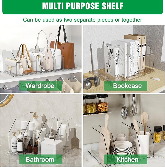 Bag & Purse Organizer for Closet, 4 Sets Adjustable Clear Handbag Storage Shelf, Plastic Clutch Dividers for Closet Organizers and Storage-Keep Purses upright (4 Sets)