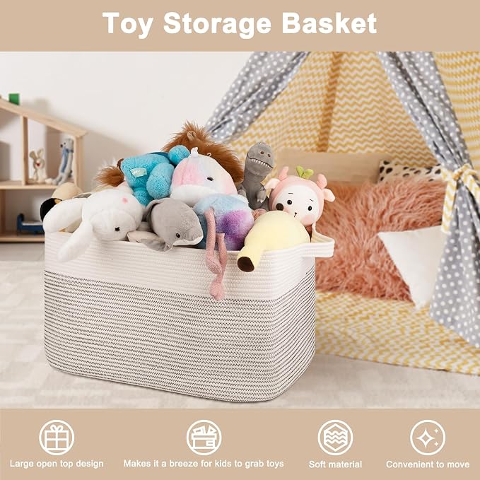 OIAHOMY Extra Large Blanket Basket, 95L Cotton Rope Woven Laundry Basket, Toy Bin for Baby Room, Container for Blanket Storage in Living Room, 24''×17''×14'', Black & White