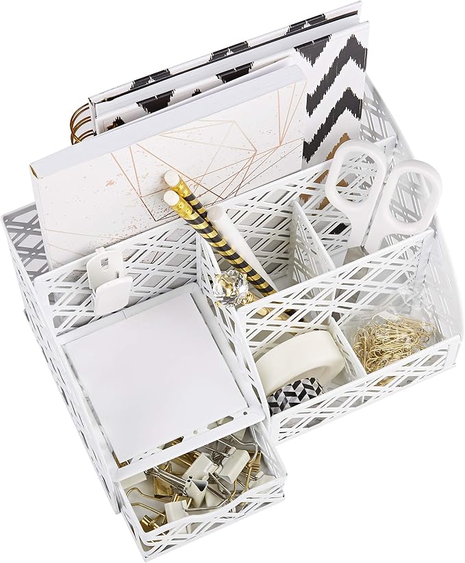 Exerz Desk Organizer White Office Desk Accessories Supplies Office Storage Desktop Pencil Pen Holder with Drawer Home Workspace