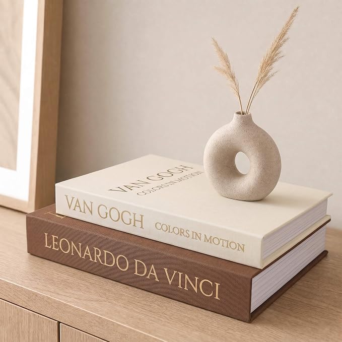 MAOBUYOU Decorative Storage Books Set of 2, Linen Cover, Gold Letters, Beige and Brown