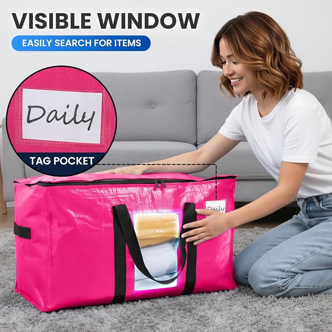 TAILI 12 Pack Pink Extra Large Moving Bags, Heavy Duty Totes with Visible Window, Wrap Around Handles, Space-Saving Storage Solution, Alternative to Moving Boxes