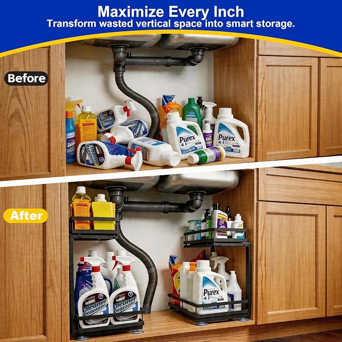 2 Pack Under Sink Organizer, 2-Tier Metal Shelf, Black | Carbon steel 2-tier set, ball-bearing slides, adjustable height, no-drill setup, for kitchen and bathroom cabinets