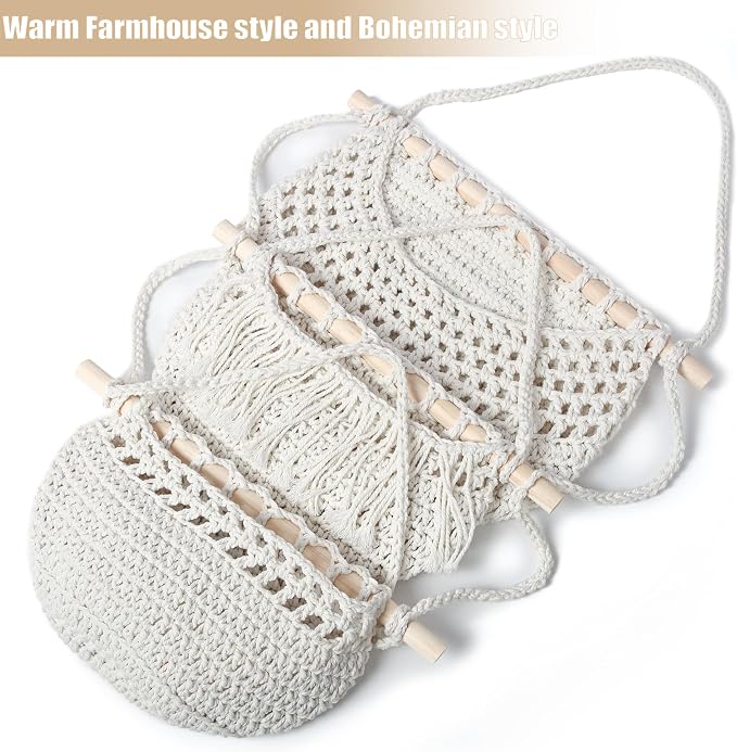 Halidali 3 Tier Hanging Fruit Baskets for Kitchen, Boho Cotton Rope Handwoven Vegetable Hammock Produce Storage Wall Mounted Large Organizing Basket for Farmhouse Decor, Onion, Potato (White)
