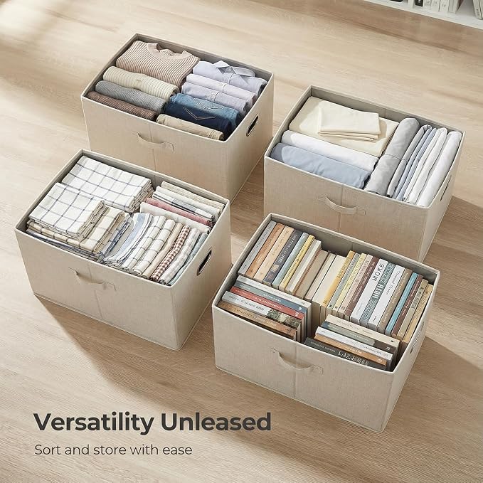PRANDOM Storage Bins with Lids [3-Pack] Linen Fabric Foldable Storage Boxes Organizer Containers Baskets Cube with Cover for Bedroom Closet Office Beige (23.4X15.9X11.4)
