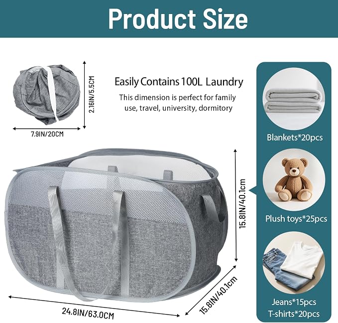 100L Collapsible Laundry Baskets, Tear Proof Pop Up Laundry Hamper with Dual Handles, Large Foldable Laundry Basket, Easy to Carry Laundry Hamper for Home, Laundry Room, Bedroom, Dorm, Travel Grey